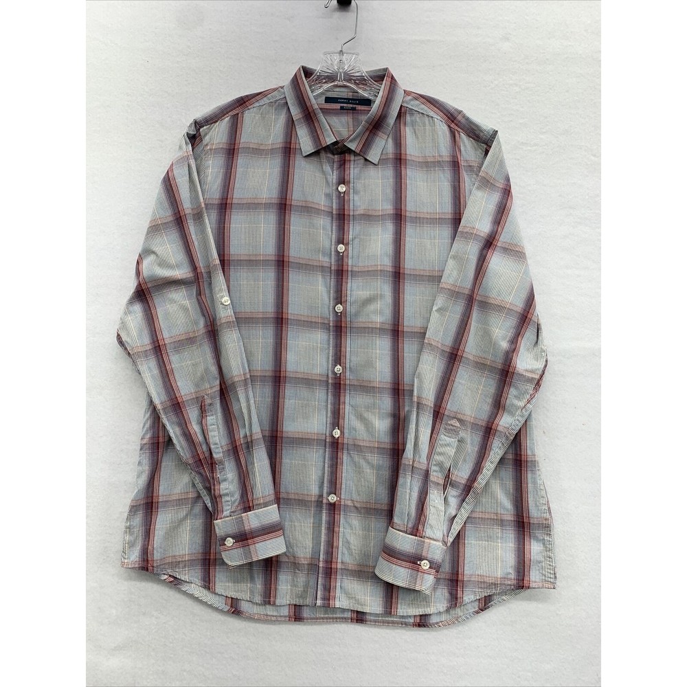 Perry Ellis 100% Cotton Men Button Down Shirt Size XL Gray Plaid Long Sleeve